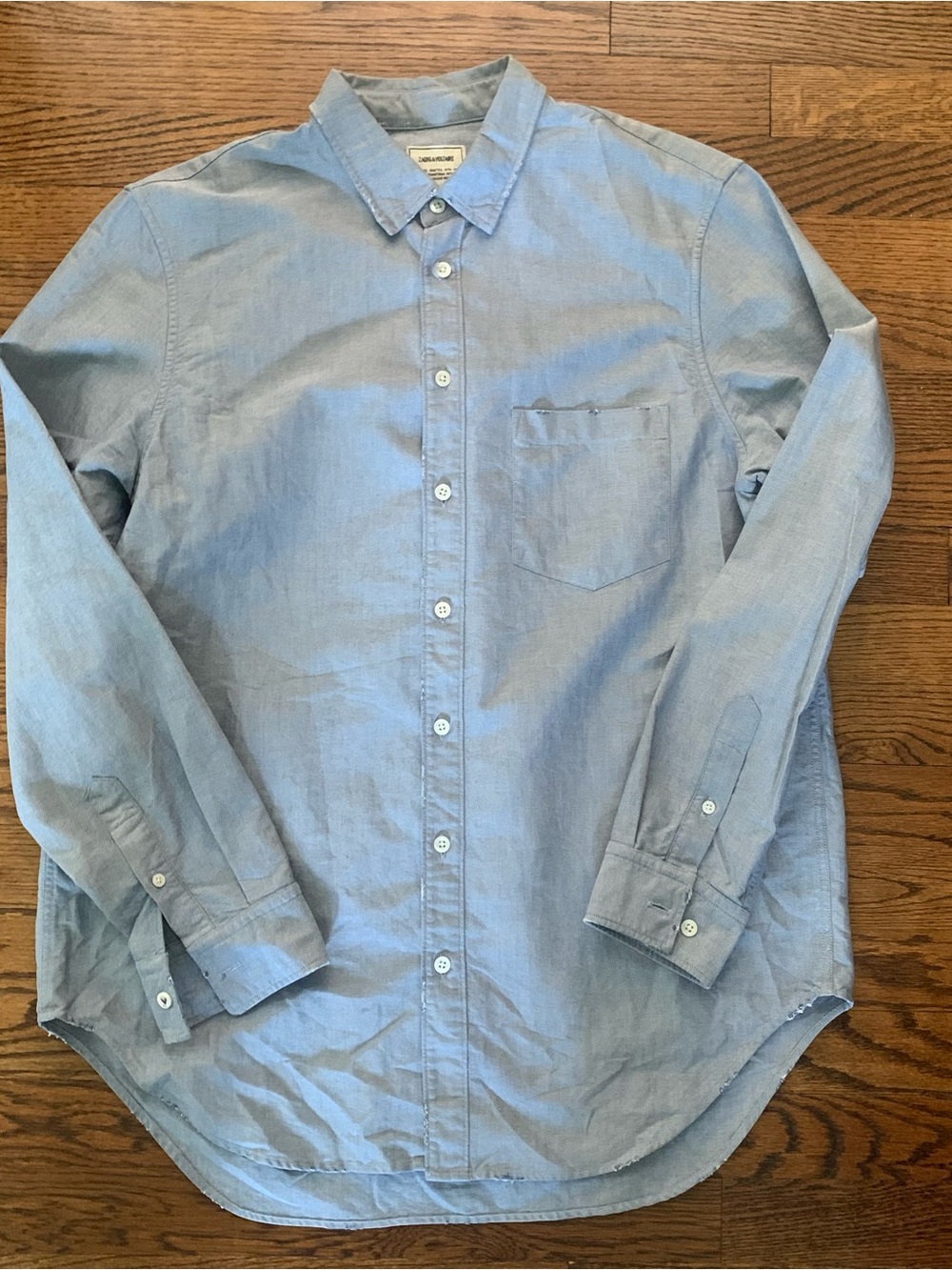 Zadig & Voltaire Logo Oxford Button Down Shirt Sz M 40 Blue Distressed Detail